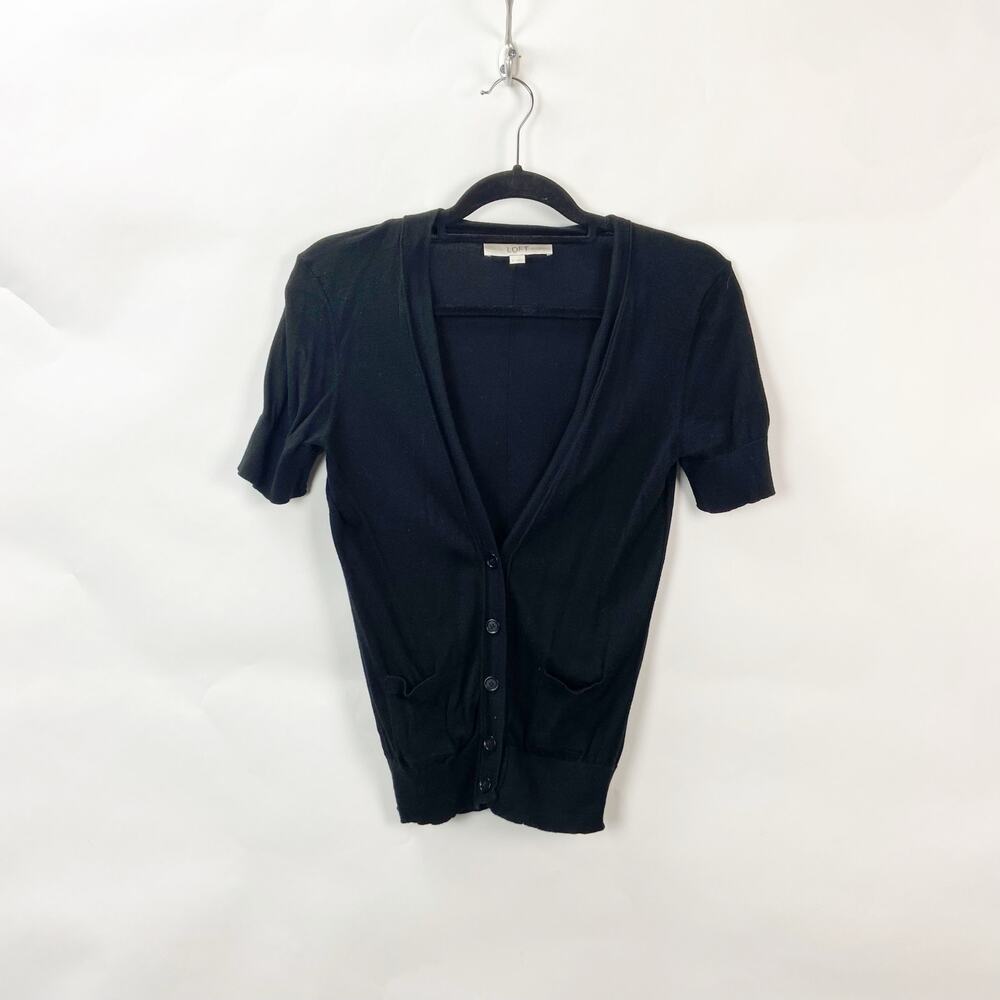 2/$30 LOFT Small Womens Black Knit Quarter Sleeve Button Front Cardigan